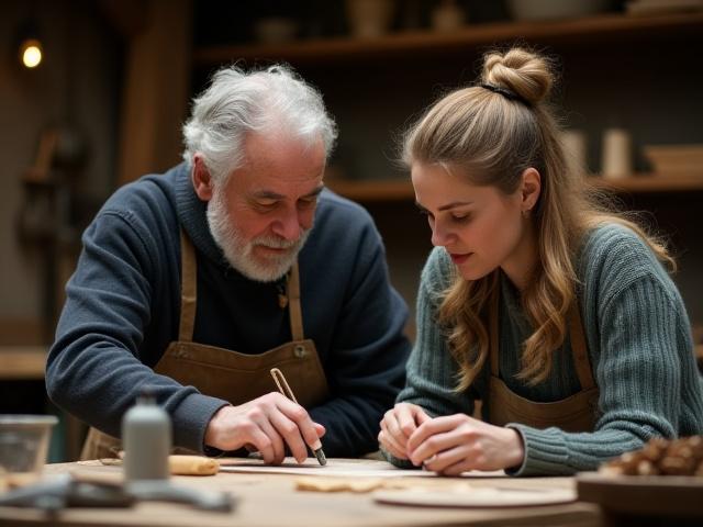 To dyktige håndverkere, en eldre mann og en yngre kvinne, arbeider sammen i et verksted
