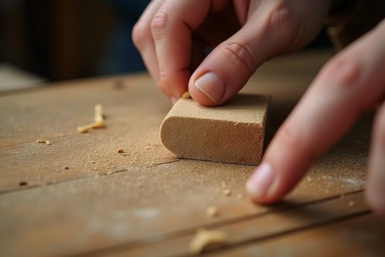 Hånd som forsiktig fjerner gammel lakk fra en trekant med sandpapir