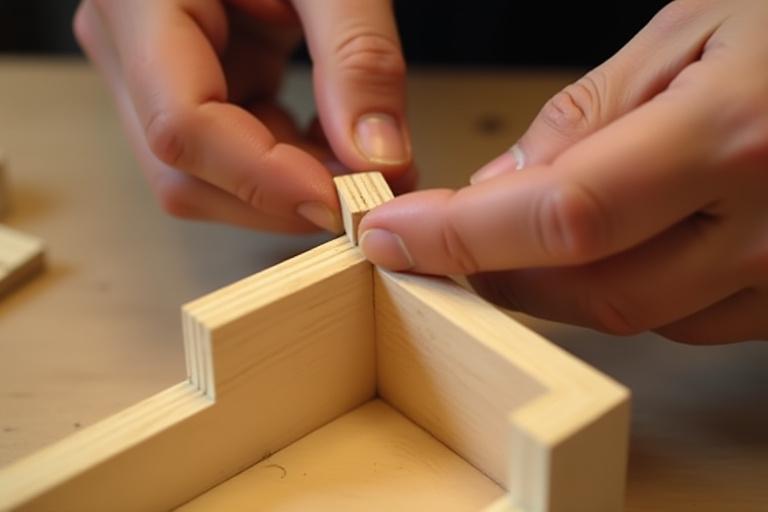 Hånd som påfører trelim på en løs møbeldel, med tvinger i bakgrunnen